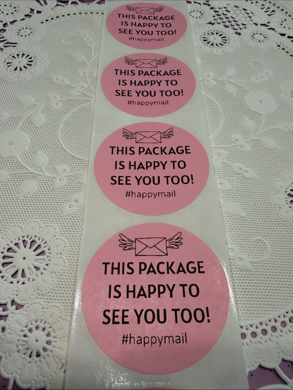 2” Pink "This Package Is Happy To See You Too!" Sticker round set of 100